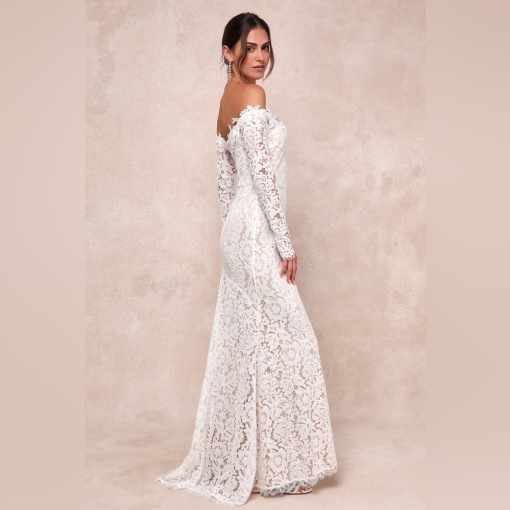 Lulu's White Off-the-Shoulder Lace Wedding Dress - Picture 3 of 5